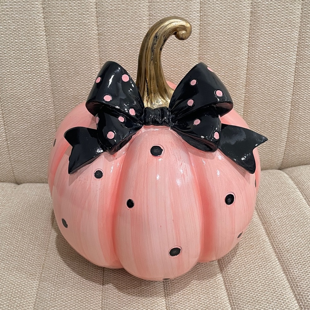 NEW Pink Polka Dot Decorative Pumpkin Black Bow and Gold Stem Halloween Decor‎
